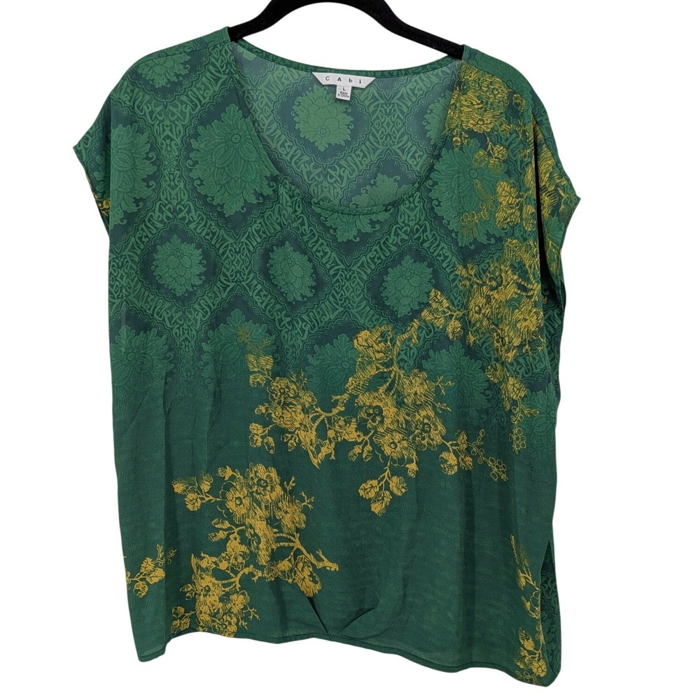 Cabi Sheer Top Women Large Green Floral Medallion V-Neck Short Sleeve Blouse 597